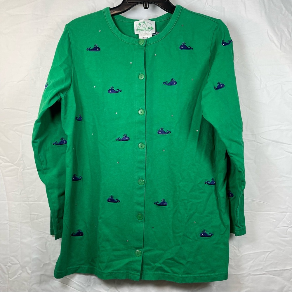 VTG Quacker Factory Green Cardigan with Whale Embroidery SZ:M